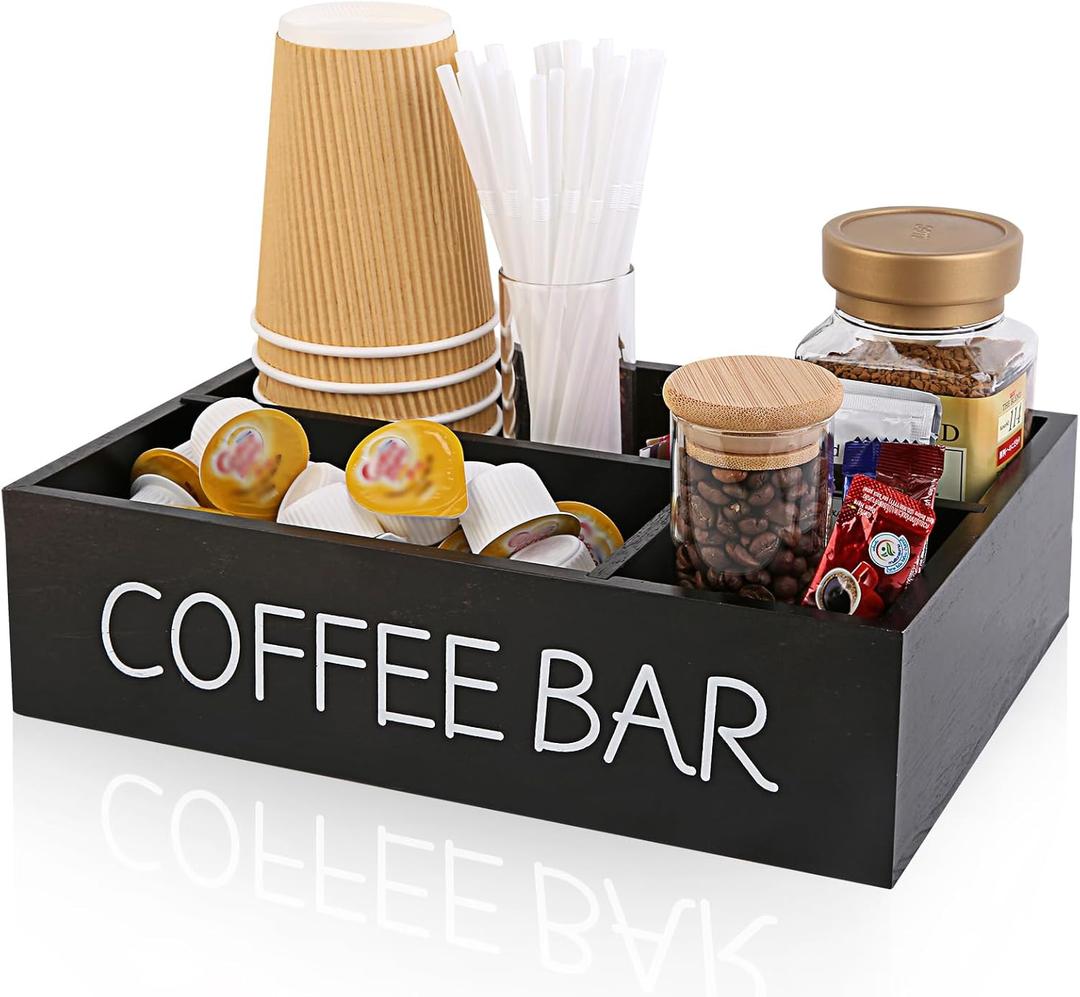 Coffee Bar Organizer  Wooden Coffee Station with 4 Compartments, Removable Dividers, and Condiment Storage for Home & Office (Black)