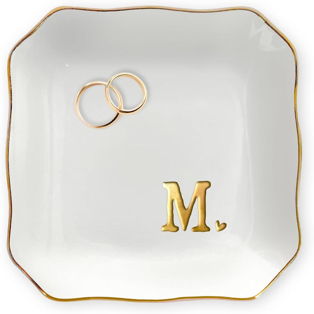 OASSIE Wedding Gifts - 4"x4" Initials Ceramic Jewelry Dish Tray Letter M - Ring Dish Engagement Gift, Wedding Bridal Shower Gift for Bride, Mothers Day Birthday Gifts for Women Her Friends Mom Sister