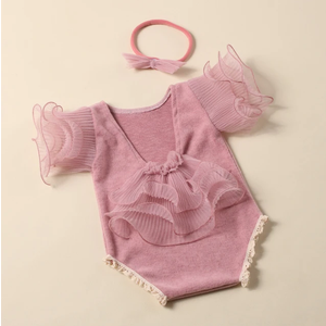 Ylsteed 2-Piece Newborn Photography Outfit Set Lace Romper Bow Headband Baby Girl Photo Shoot Costume, 0-1M