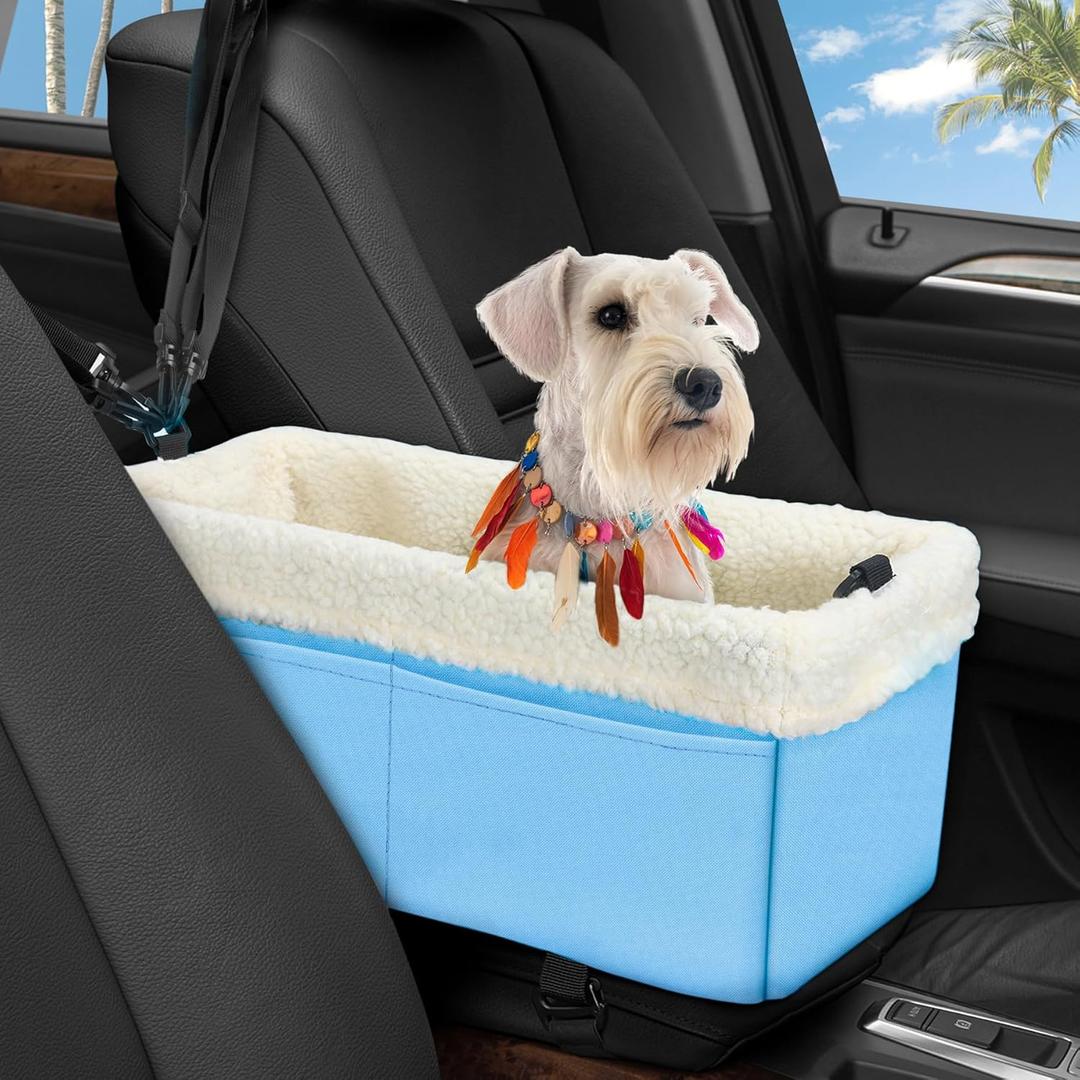 Dog Car Seat for Small Dogs, Center Console Dog Car Seat with Metal Frame & Double Protection Seat Belts, Pet Booster Seat with Safety Leash and Storage Pocket for Pets Dogs Cats, Light Blue