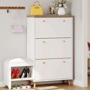 YITAHOME Shoe Cabinet with 3 Flip Drawers, Modern Shoe Storage Cabinet with Shoe Bench for Entryway, Freestanding Hidden Shoe Rack Storage Organizer with Gold Metal Handle, Living Room, White
