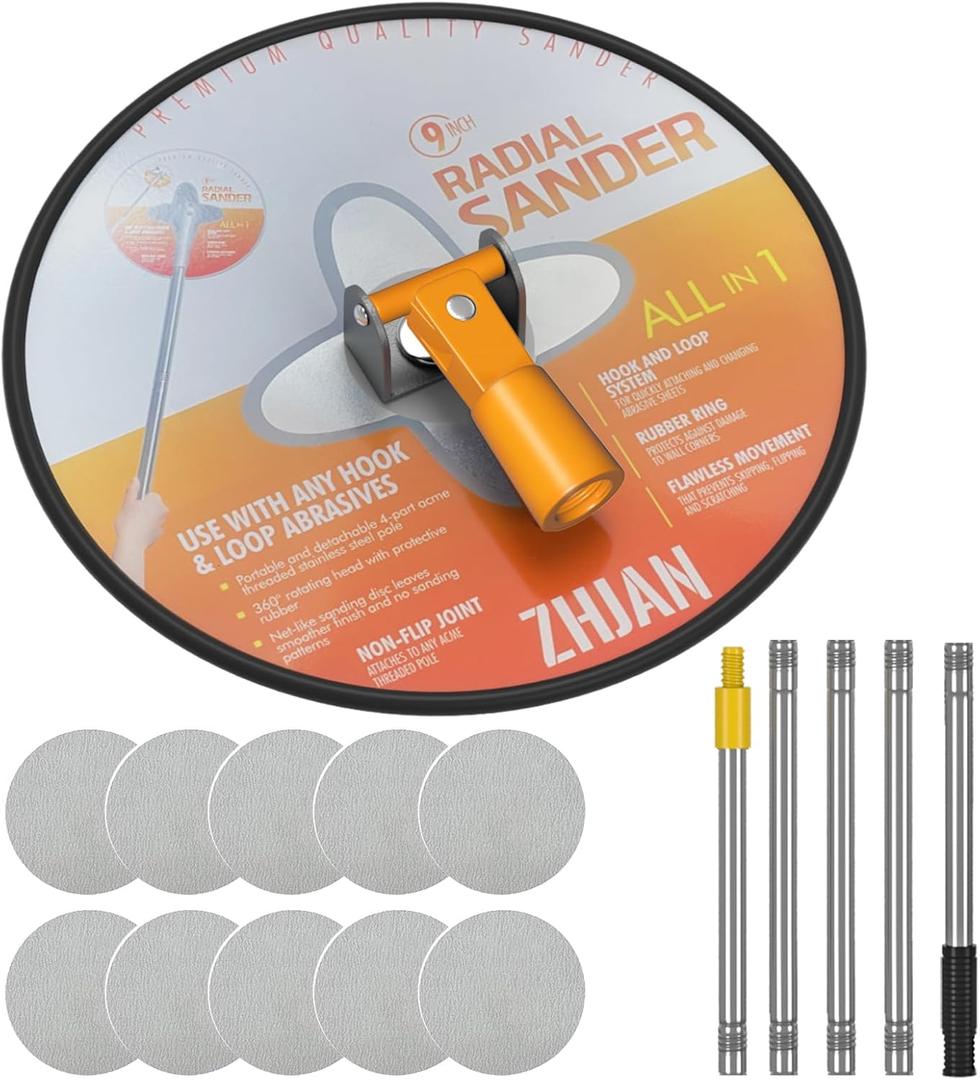 Drywall Pole Sander with Extension Pole, 360 Rotation Wall Sander with 10 PCS Sanding Sheets (80/100/120/180/240Grit), Pole Sanding Tool for Painted Walls and Ceilings