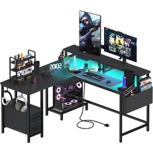 Lufeiya L Shaped Gaming Desk with Led Lights and Power Outlets, 47 Inch Corner Home Office Desk with Monitor Stand Shelves, Writing Study Computer Desks with Fabric Drawers for Bedroom, Black