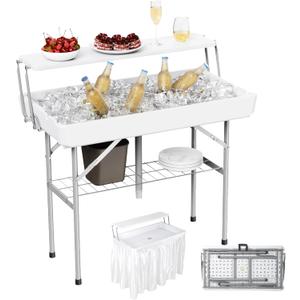 Allpop 2 Tiers Folding Ice Cooler Table with Matching Skirt, Portable Party Table with Grid Rack & Drain Hose for Patio Picnic Camping Wedding, White