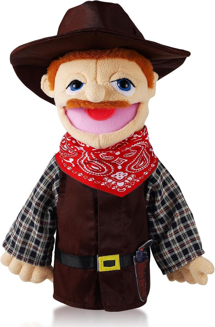 Role Play Hand Puppets Hand Plush Chef Doctor Fireman Pirate Detective Athlete Nurse Worker Hand Puppet Toys Puppets for Kids Storytelling Imaginative Pretend Play Teaching Preschool(Cowboy)