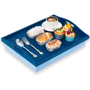 Tioncy 1 Piece Bamboo Lap Tray with Detachable Pillow 16.9'' x 13'' Lap TV Trays Desk with Handles for Adults Eating in Recliner Breakfast Housewarming Gift (Blue)