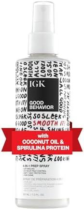 IGK GOOD BEHAVIOR 4-in-1 Prep Spray | Leave In + Detangle + Heat Protectant | Vegan + Cruelty Free | 7 Oz