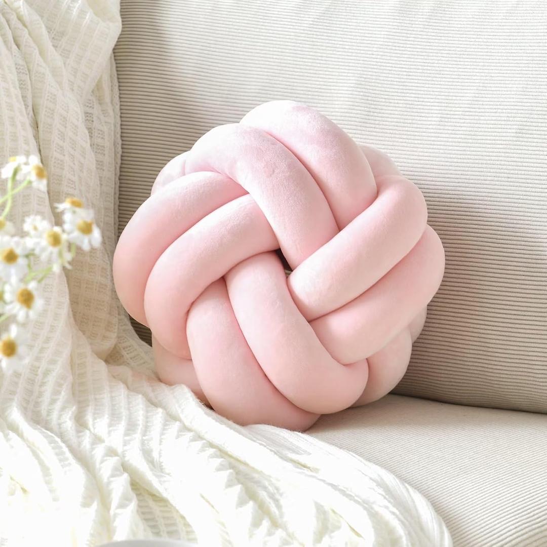 Knot Pillow Ball, Soft Decorative Throw Pillows, 11 Inch Round Plush Knotted Cushion Light Pink, Modern Home Decor for Bedroom, Sofa, Couch