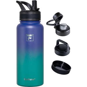 Fanhaw 32 oz Insulated Water Bottle Portable Stainless Steel Flask with 3 Lids (Straw, Spout, Carabiner) | Leakproof, for Gym, Hiking, Work, Travel & Everyday Use (Purple Green)