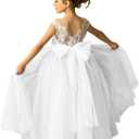Lace Applique Tulle Flower Girl Dress for Wedding Sleeveless Long Satin Bow Knot V-Back Elegant Formal Dresses (6, White)