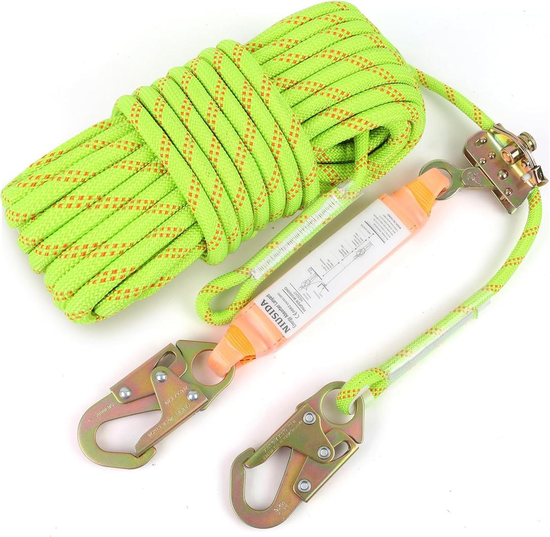 Rope Harness Safety Lanyard 50FT Fall Protection Vertical Roofing Rope with Grab Snap Hooks Shock Absorber Safety Ropes Tree Climbing Line Kit Heavy Duty Roof Safety Equipment