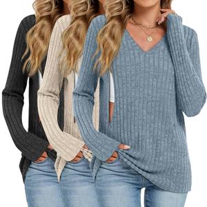 Oakgarden 3 Pack Women's Maternity Nursing Tops, V Neck Breastfeeding Sweaters Long Sleeve Hidden Zipper Shirts (Medium, Black, Apricot, Blue)