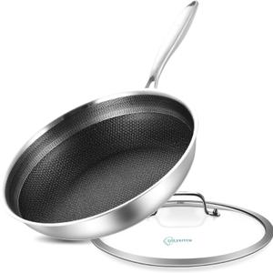 LOLYKITCH 10 In Hybrid Nonstick Stainless Steel Saut Pan with Lid,Deep Frying Pan,Skillet,Induction Pan,Heavy Duty and Oven Safe,Detachable Handle.