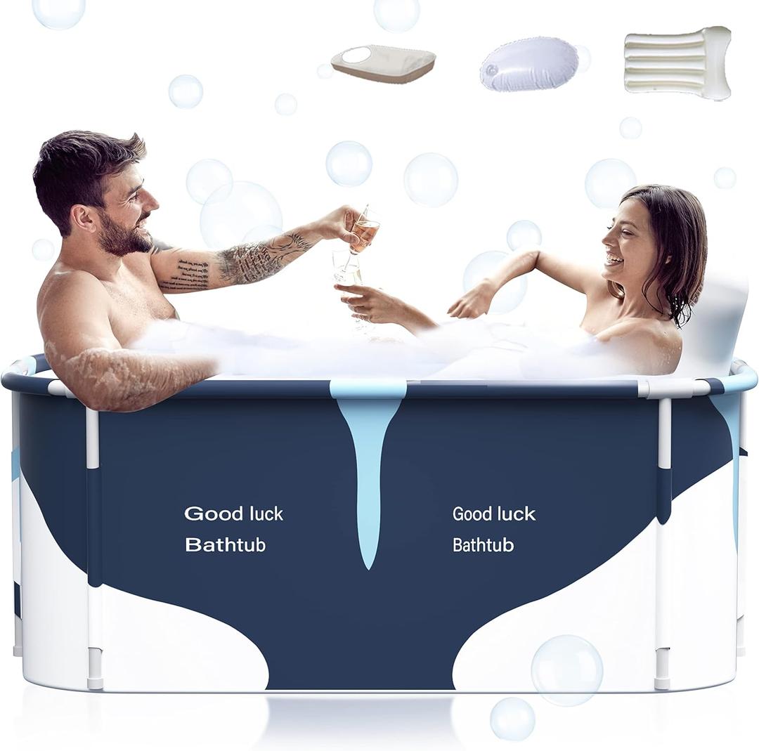 53" Extra Large Portable Foldable Bathtub with Cover for Adult, Family SPA Soaking Tub for Small Bathroom, Thicken Multiple Layer Bathtub with Lid for Shower Stall (53" Milk Style