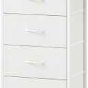 Somdot Tall Dresser for Bedroom, 5 Drawers Nightstand Vertical Storage Tower Unit, Night Stand Furniture with Fabric Drawer Organizer in Bedside Hallway, Entryway, Kids Room, Closet, White Leather, 11.4"D x 15.2"W x 42.1"H