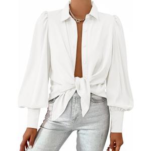 BTFBM Summer Blouses for Women Dressy Casual 2026 Long Sleeve Button Down Shirt V Neck Boho Spring Tops Fashion Clothing L