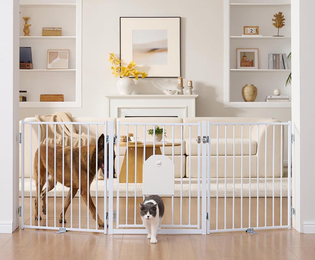 No Pawblems Freestanding Dog Gate with Cat Door for Indoor & Outdoor, White | Foldable Pet Gate for Stairs, 30'' Tall 78'' Extra Wide Dog Fence for Deck & Porch , Freestanding or Wall Mount, 3 Panels