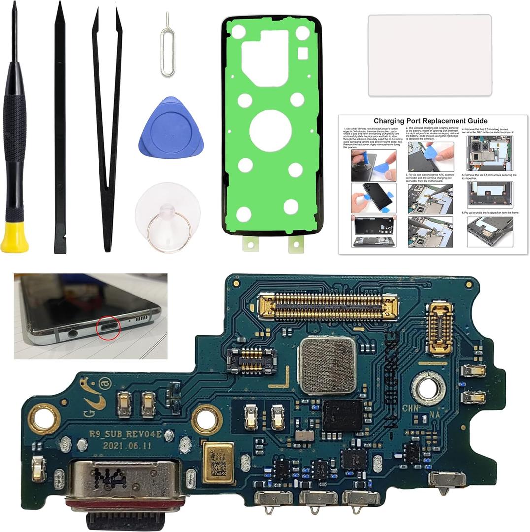 Charging Port Replacement Kit Compatible with Galaxy S21 FE US Version, Dock Board USB-C Connector Only for S21 FE SM-G990U/U1/U2/U3, SM-G990W/W2/W3, with Instruction Manual, Toolkit