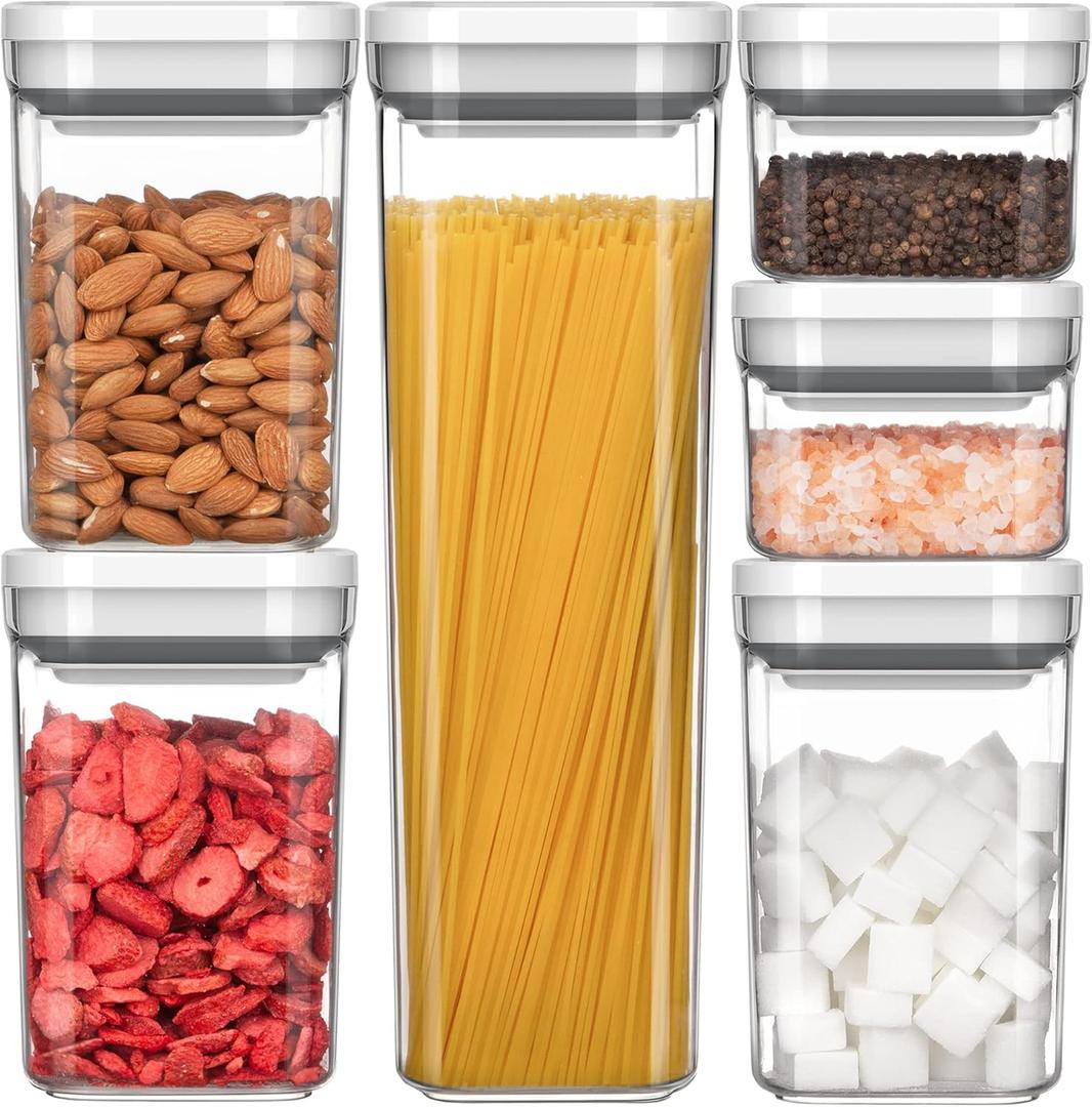 MR.SIGA 6 Piece Airtight Food Storage Container Set, BPA Free Kitchen Pantry Organization Canisters, One-handed Kitchen Storage Containers for Cereal, Spaghetti, Pasta, White (White)