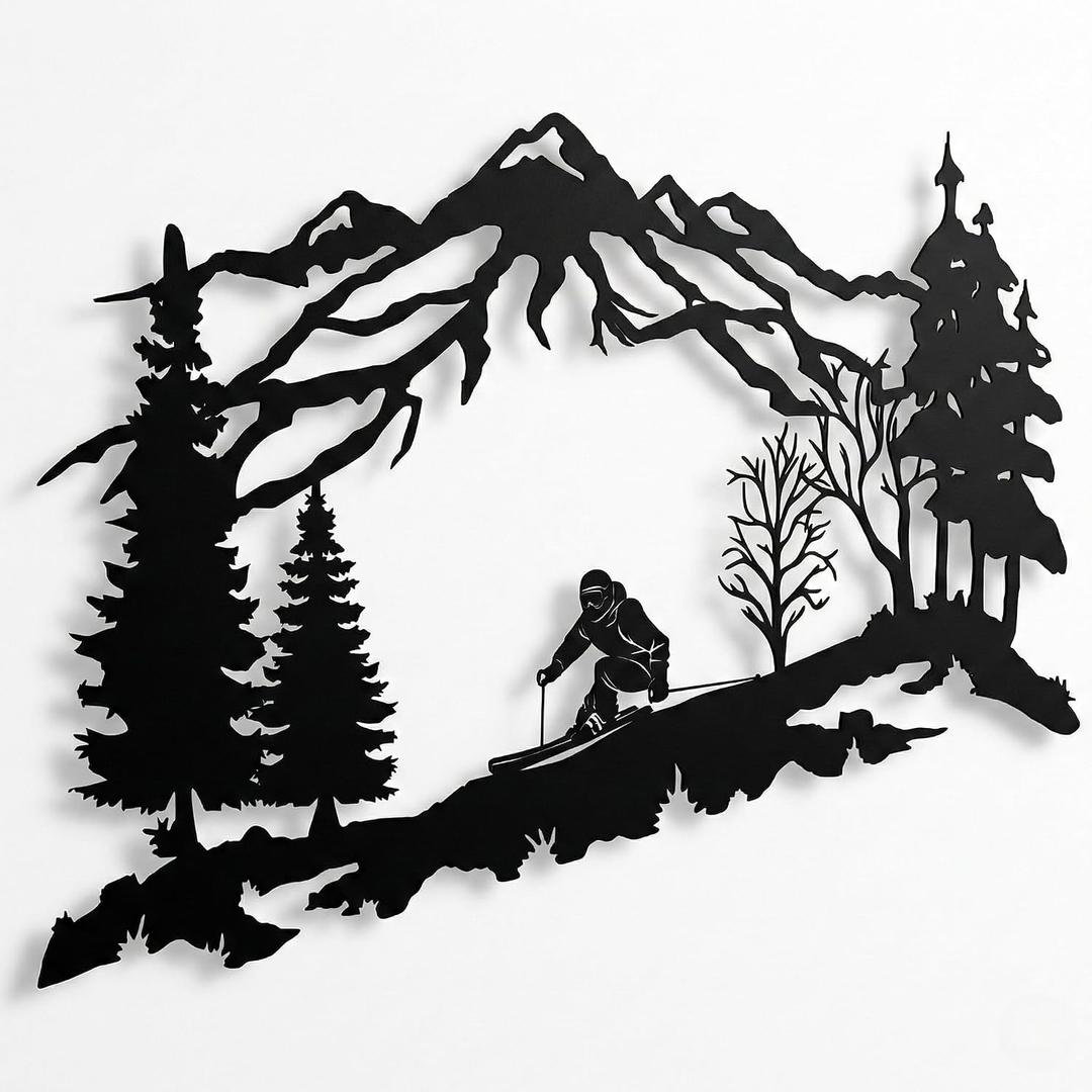 DEKADRON Metal Skier Wall Art, Mountain and Trees Themed Wall Art, Metal Wall Decor, Ski Lover Gift, Home Decoration, Wall Hangings (46" W x 30" H / 117x75 cm)