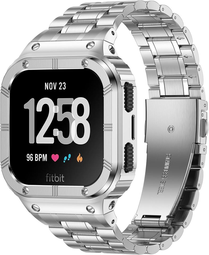 Stainless Steel Watch Band with Case Compatible for Fitbit Versa/Fitbit Sense Bands, Rugged Protective Bumper Metal Wristbands for Men Women (Silver)