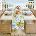 Bonhause Lemon Table Runner 13 x 72 Inch Italian Blue Tiles Lemons Summer Yellow Fruits Farmhouse Kitchen Dining Table Decoration for Indoor Outdoor Home Party Decor