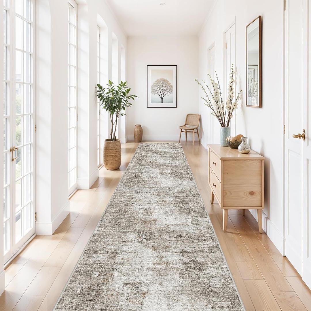 3x15 Ft Long Hallway Runner Rug - Non-Slip Washable Kitchen Runner Rug with Rubber Backing | Modern Abstract Wide Floor Carpet Runner for Indoor Entryway, Bedroom, Living Room (Beige, Grey)