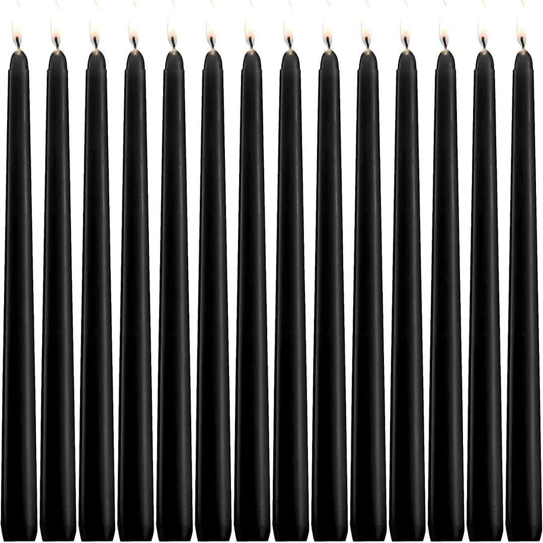 14-Pack 10-Inch Black Taper Candles | Unscented & Dripless | 7.5-Hour Burn for Weddings, Church Altars, Holiday Decor & Prayer Ceremonies