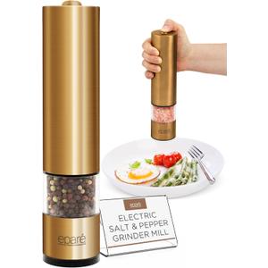 Epar Brass Salt and Pepper Mill - Battery Operated Gold Pepper Grinder with Ceramic Burr - Automatic Steel Peppermills With LED Light - Gold or Brass Color