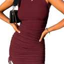 Wenrine Women's Ruched Bodycon Mini Dress Sleeveless Crewneck Drawstring Party Club Dress, Large