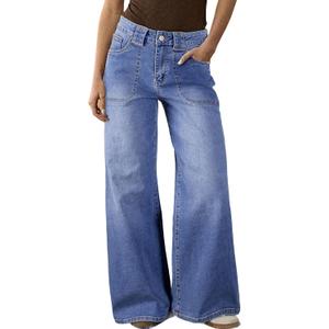 Astylish Women's High Waisted Wide Leg Jeans Stretch Denim Pants with Front Patch Pockets (Blue, L)