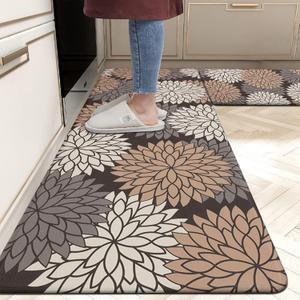 HEBE Anti Fatigue Kitchen Rugs Sets of 2, Non Slip Kitchen Mats for Floor, Waterproof Cushioned Comfort Standing Carpet for Kitchen Sink, Home Office, Laundry Room (17.3"x59"+17.3"x28"-0.47"Th, Dark Brown)