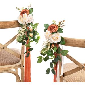 Ling's Moment 8 Wedding Artificial Aisle Pew Flowers Chair Decorations Arrangements With Chiffon Ribbons Sunset Terracotta for Ceremony Reception Chair Back Floral Decor Reception Church Party Outdoor