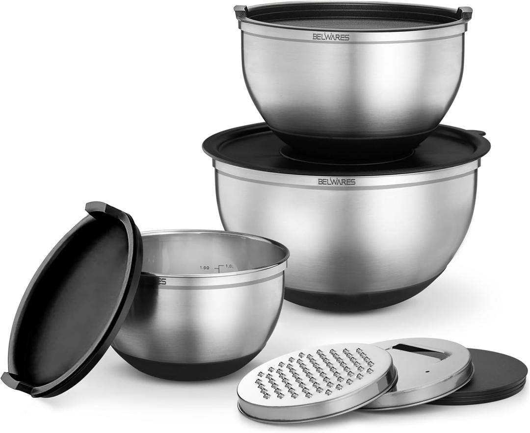 Belwares Mixing Bowls with Lids Set - Stainless Steel Nesting Bowls with Graters, Pour Spout & Non-Slip Base - Kitchen Mixing Bowls for Cooking, Baking, Salad Prep & Food Storage (Set of 3) (Black)