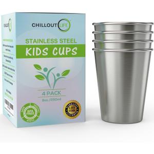 CHILLOUT LIFE Stainless Steel Kids Cups 8 oz - Stainless Steel Small Children Cups for Home & Outdoor Activities, BPA Free Unbreakable Premium Stackable Metal Drinking Glasses (4-Pack)