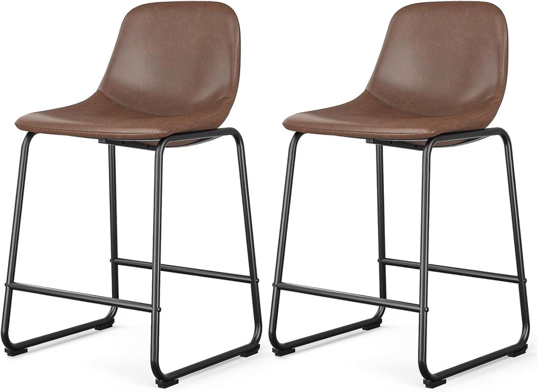 Rfiver Pu Faux Leather Bar Stools Set of 2, Industrial Pub Barstools with Back and Footrest, Modern Armless Bar Height Stool Chairs (Brown, 24" Counter Chair x2)