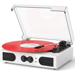 VinylsLink Vinyl Record Player with Built-in Stereo Speakers and Bass Adjust, Portable Vintage 3-Speed Belt-Driven, Bluetooth Input, RCA Line Out AUX in Headphone Jack, White Wood