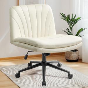 NEO CHAIR Criss Cross Chair with Wheels Armless Cross Legged Office Desk Wide Comfy Vanity Makeup Chair Adjustable Swivel Rolling Computer for Home Office PU Leather (Beige)