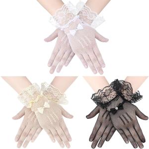 Bencailor 3 Pieces Lace Gloves Halloween Cosplay Costume Tea Party Princess Dressing Gloves for Wedding (Black, White, Beige)