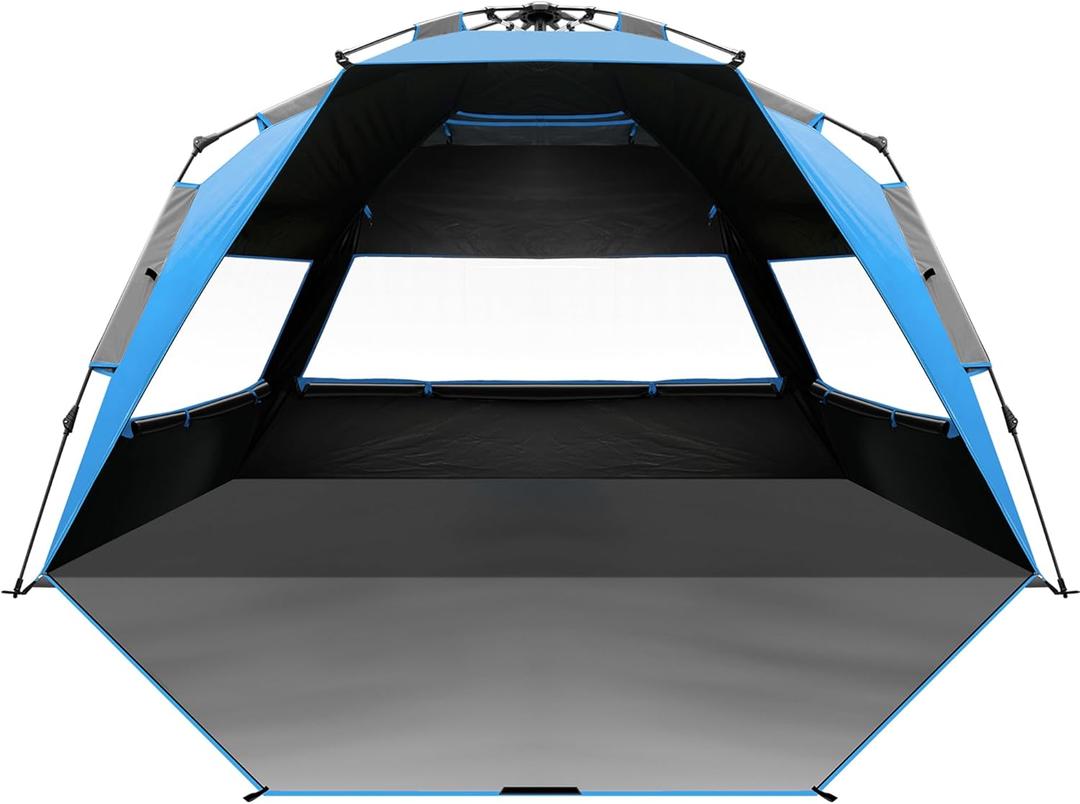 OutdoorMaster Beach Tent with Blackout Shelter Technology, Portable Beach Shade Sun Shelter Canopy for 4-6 Person with UPF 50+ UV Protection, Easy Setup Pop Up Tent Family Size (Blue)