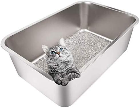 Yangbaga Stainless Steel Litter Box for Cat and Rabbit, Large Size with 8in High Sides and Non Slip Rubber Feet. Odor Control, Non Stick Smooth Surface, Easy to Clean, Never Bend
