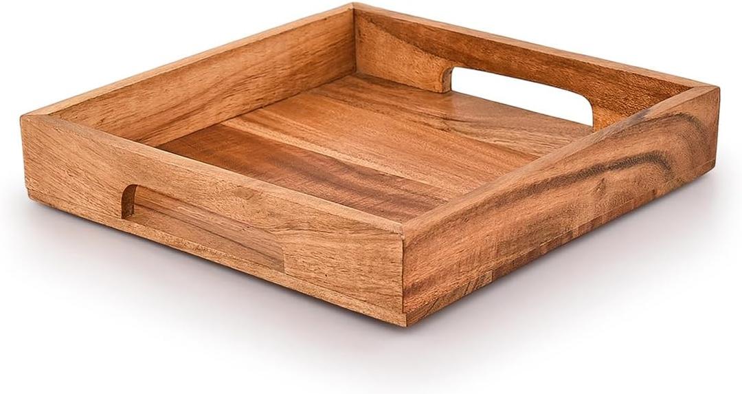 Samhita Acacia Wood Serving Tray with Handles,Wooden Serving Tray, Snack Tray, Breakfast Tray, Great for, Breakfast, Coffee |Size- 10" x 10" x 1.75"