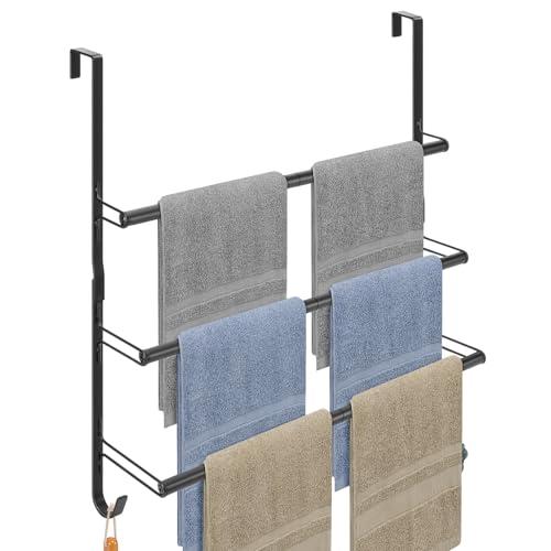 Livabber 3-Tier Over The Door Towel Rack, All Metal Towel Rack with Hooks for Door Hanging, Behind Door Towel Bar Towel Storage Holder for Bathroom Accessories, Black (22.8" L x 5.9" W x 24.4" H)