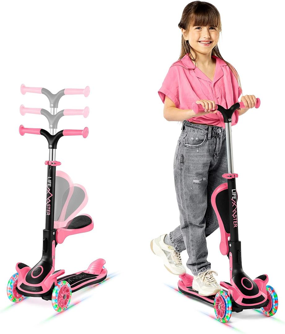 3 Wheel Scooter for Kids with Foldable Seat, Adjustable Handlebar Height, Lean-to-Steer Ride On Toy for Kids Ages 2+, Light-Up LED Wheels, Wide Anti Slip Deck, Indoor & Outdoor Use