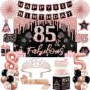 85th Birthday Decorations for Women,32PCS 85th Birthday Party Decorations,Including Backdrop, Crown, Sash, banner, Hanging Swirl,Cake Topper,Paper Fans,balloons and Anniversary Card