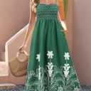Gardenwed Women's Floral Print Maxi Dress,Spaghetti Strap Smocked Bodice A-Line Sundress with Pockets (Green, XL)