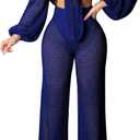 sexycherry Swimsuit Coverup for Women Off Shoulder Top & Mesh Long Pants (Blue, L)