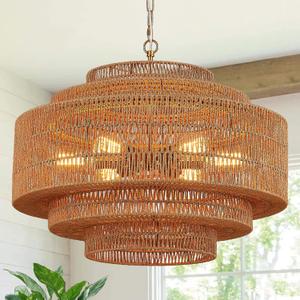 Tunkayli 25.6” Large Rattan Chandelier Light Fixture 8-Light Vintage Farmhouse Coastal Rattan Chandelier 5-Tier Hand-Woven Boho Bamboo Gold Chandeliers for Dining Room, Kitchen, Living Room, Entryway
