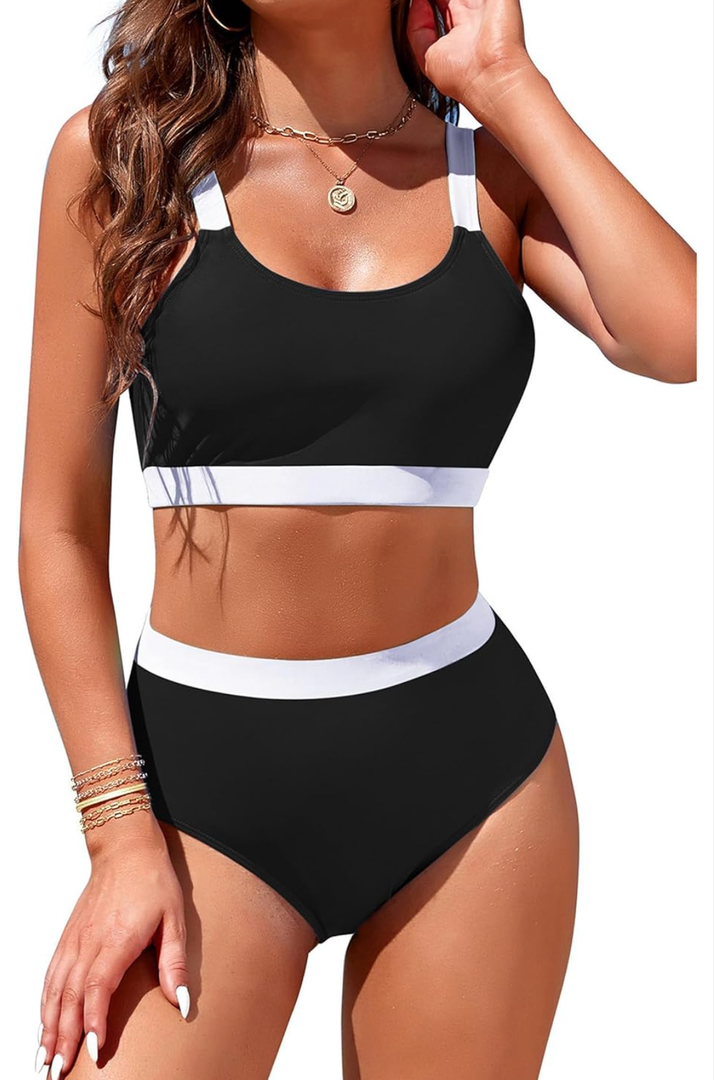 Womens High Waisted Bikini Sets Sporty Crop Top Color Block Swimwear Bandeau Scoop Neck Vintage Two Piece Bathing  L