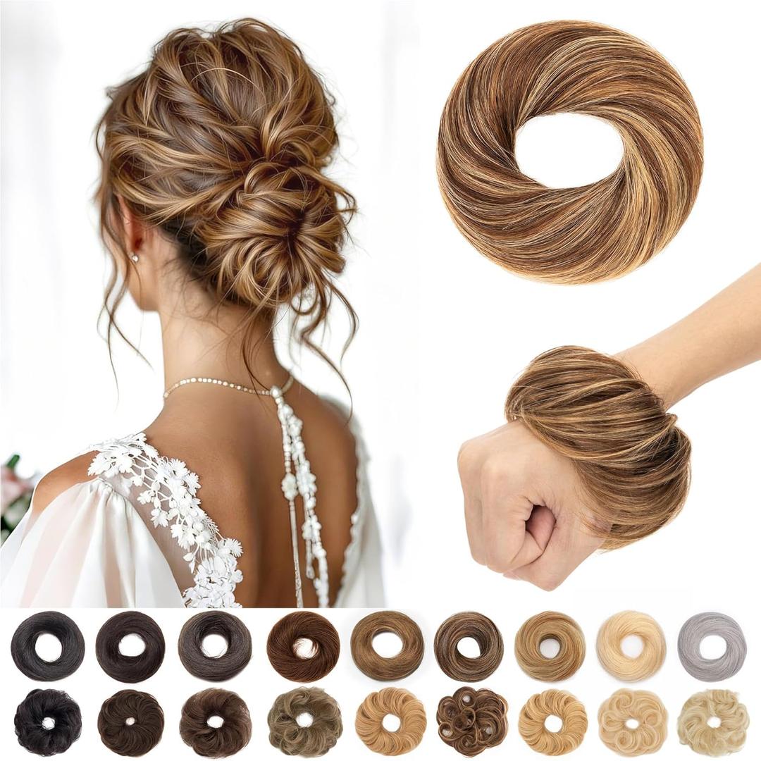 S-noilite Messy Bun Hairpiece Real Human Hair for Women Tousled Updo Scrunchie Donut Chignon Realistic Natural Bun Hair Piece Highlighted Medium Brown Mixed Honey Blonde (4P27)